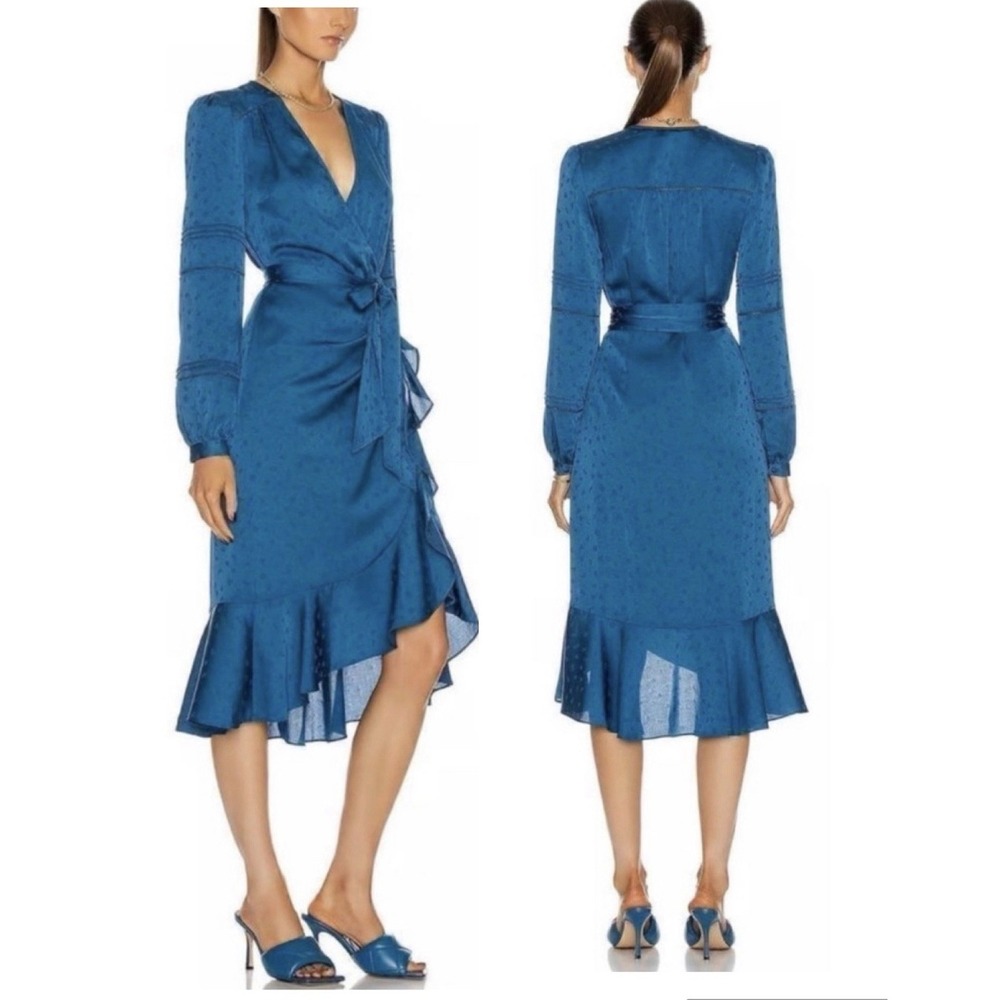 Veronica Beard Miriam Jacquard Wrap Dress Ruffle High Low Midi Long Sleeve Sz 14